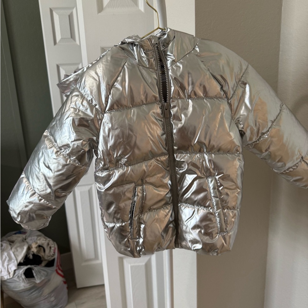 Old Navy Shiny Silver Hooded Puffer Jacket for Kids